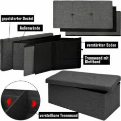 DuneDesign Banc De Rangement 76x38x38cm Coffre Pliant 80L Rembourré Gris - Grau 9 DuneDesign Banc De Rangement 76x38x38cm Coffre Pliant 80L Rembourré Gris - Grau -Outillage Soldes Boutique 10974274 3