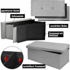 DuneDesign Banc De Rangement 76x38x38cm Coffre Pliant 80L Rembourré Gris Clair - Grau 9 DuneDesign Banc De Rangement 76x38x38cm Coffre Pliant 80L Rembourré Gris Clair - Grau -Outillage Soldes Boutique 10974279 3