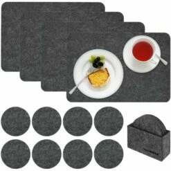 DuneDesign 4 Sets De Table 43x30x0,5cm Et 8 Dessous De Verres Ø10cm Gris - Grau