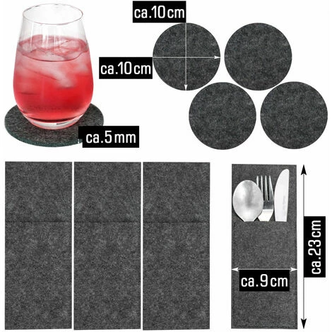 DUNEDESIGN Set De Table En Feutre Pour 4 Sac à Couverts Sous-verre 43 X 30 Cm Napperon Gris - Grau 6 DUNEDESIGN Set De Table En Feutre Pour 4 Sac à Couverts Sous-verre 43 X 30 Cm Napperon Gris - Grau – Image 4