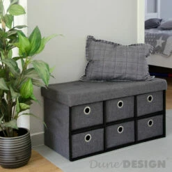 DuneDesign Coffre De Rangement Pliante 76x38x38cm 6 Tiroirs 80L Poufs Pliable Repose-pieds Rectangulaire Rembourré 2 Places Gris Foncé - Grau -Outillage Soldes Boutique 20971697 3