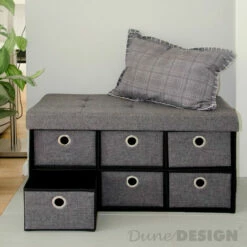 DuneDesign Coffre De Rangement Pliante 76x38x38cm 6 Tiroirs 80L Poufs Pliable Repose-pieds Rectangulaire Rembourré 2 Places Gris Foncé - Grau -Outillage Soldes Boutique 20971697 4