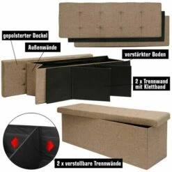 DuneDesign Coffre De Rangement XXL Pliante 110x38x38cm Incl 2 Cloisons 120L Pouf Pliable Repose-pieds Rectangulaire Rembourré 3 Places Marron Clair - Braun -Outillage Soldes Boutique 26509075 3