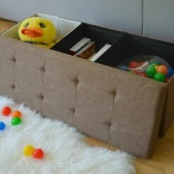 DuneDesign Coffre De Rangement XXL Pliante 110x38x38cm Incl 2 Cloisons 120L Pouf Pliable Repose-pieds Rectangulaire Rembourré 3 Places Marron Clair - Braun -Outillage Soldes Boutique 26509075 4