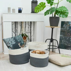 DUNEDESIGN Set De 3 Paniers En Corde De Coton Corbeilles à Linge 20-45L Grands Rangement - Grau -Outillage Soldes Boutique 35534257 3