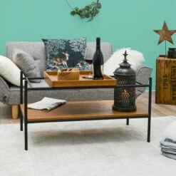 DUNEDESIGN Table Basse Industrielle Avec Plateau En Bois 90x44x50 Table Café Rectangulaire - Braun -Outillage Soldes Boutique 35536287 5