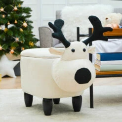 DUNEDESIGN Tabouret Renne Avec Rangement - 57x31x55 Pouf De Forme Animale Chaise Enfant - Beige -Outillage Soldes Boutique 43372716 3