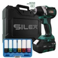 Clé à Chocs 20V Sans Fil Silex® 20V Moteur Brushless (1 X 6.0Ah Batterie Lithium SLX ) + 6 Douilles à Choc Pour Jantes Alu