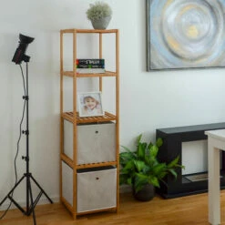 DuneDesign Étagère En Bois 38x39,5x162,5cm 5 Tablettes Superposées Lattes En Bambou Meuble à Rayonnages De Salle De Bain - Braun -Outillage Soldes Boutique 49704371 5