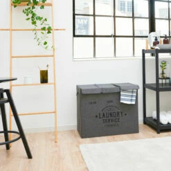 DUNEDESIGN Panier A Linge 3 Compartiment - 84L Trieur De Linge Avec Couvercle - Bac A Linge - Grau -Outillage Soldes Boutique 59197743 3